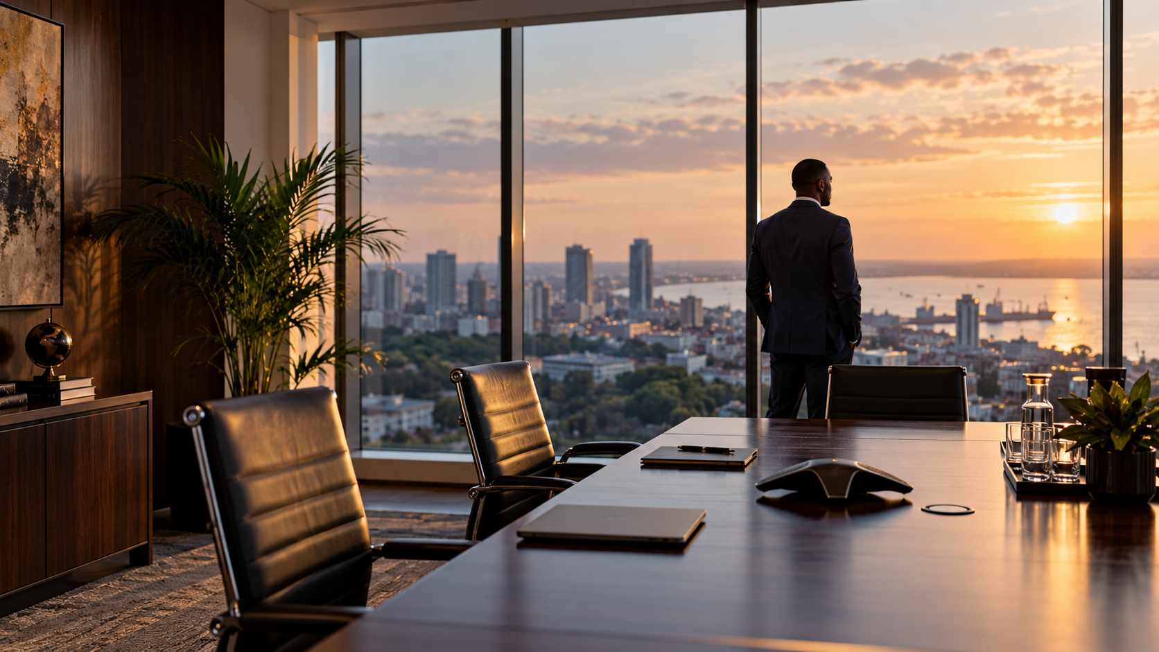 Visão empresarial sobre Maputo ao pôr do sol